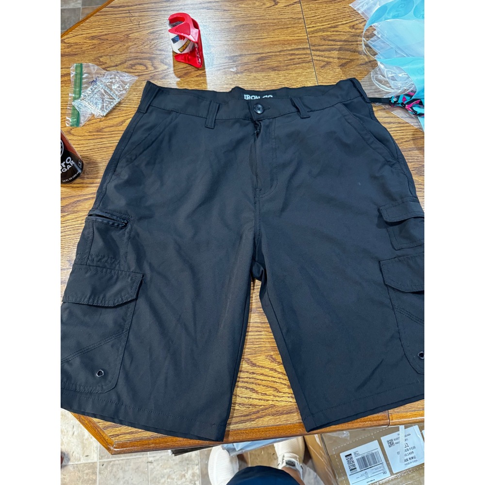 Iron Co Mens Cargo Shorts Black Size 32 Stretch Utility Pockets Hiking Casual